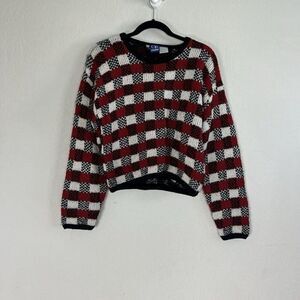 Op Ocean Pacific Vintage 80s Red Checkered Acrylic Cropped Sweater Womens Large